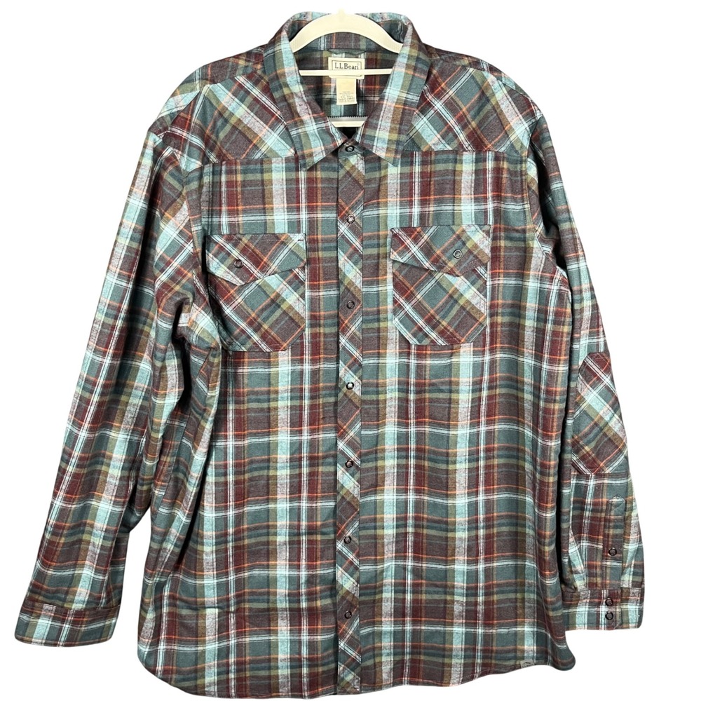 LL Bean Flannel Shirt Mens XXL Tall Green Brown Plaid Snap Front Elbow Patches